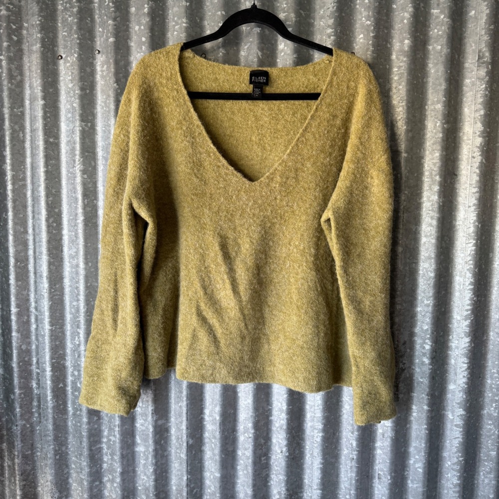 Eileen Fisher Merino Alpaca Wool V-Neck Sweater Chartreuse Green Italian Medium